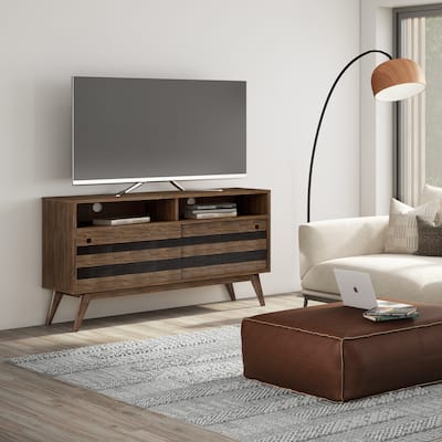 Wyndenhall Wright SOLID ACACIA WOOD 54 inch Wide Mid Century Design TV Media Stand in Rustic Natural Aged Brown
