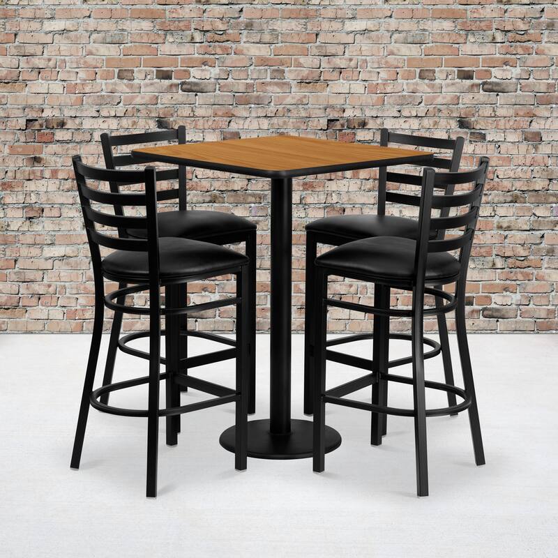 30'' Square Laminate Table Set with 4 Ladder Back Metal Barstools