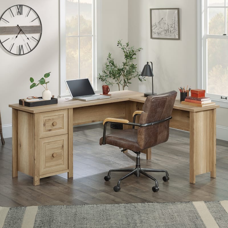 Brown Large L-Shaped Desk with File Drawer 65 Inch Long Home Office Workstation - Brown