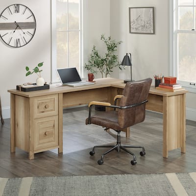 Brown Large L-Shaped Desk with File Drawer 65 Inch Long Home Office Workstation
