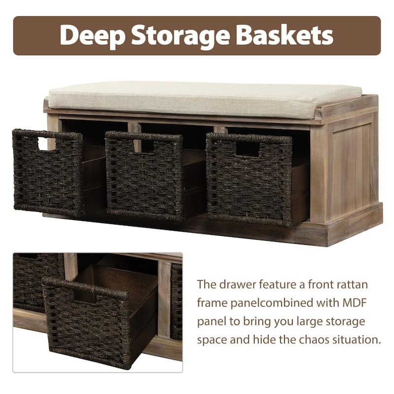 Rustic Storage Bench with 3 Removable Rattan Baskets and Cushion, Entryway Bench with MDF Frame, No Assembly Required