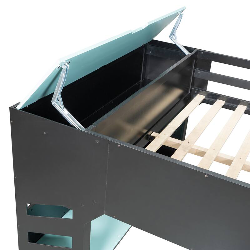 Full Size Wood Loft Bed with Height-adjustable Desk, Drawers,Storage Compartments, Hanging Rod and RGB Lights