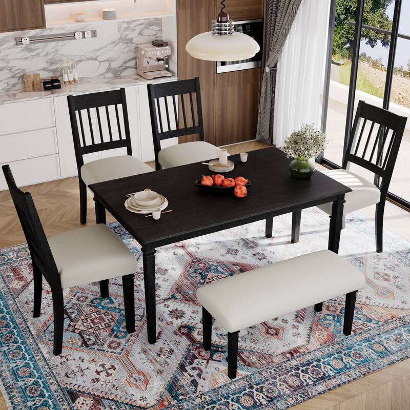 6-Piece Retro Dining Room Set, Classic Kitchen Furniture Set, Wooden Rectangular Table and 4 Chairs with Bench