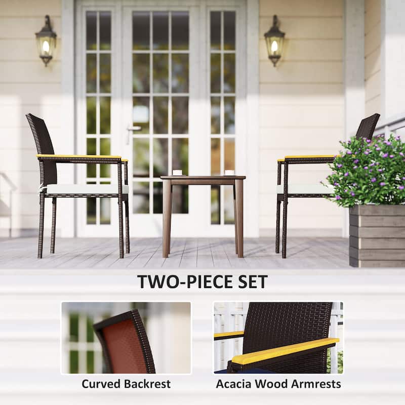 2-Piece UV-Resistant Rattan Outdoor Dining Chairs Set with Removable Cushion Covers and Acacia Armrests
