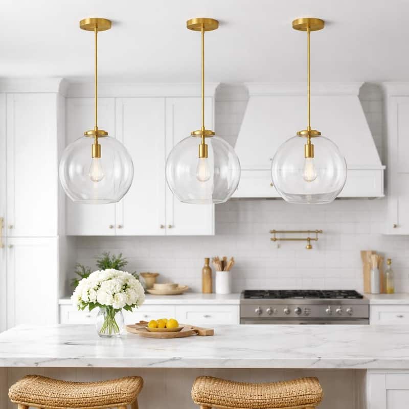 Rexe Satin Brass Pendant with Clear Glass Dome Shade - Clear Glass