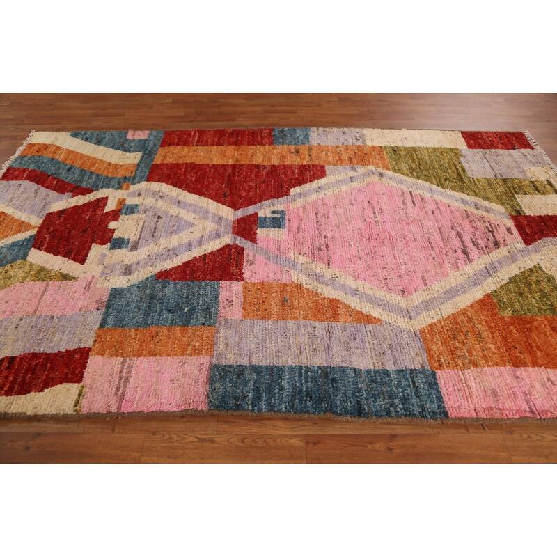 Hand Knotted Oriental 100% Wool Carpet Modern Geometric Multi-Colored Moroccan Area Rug - 8' 7'' X 5' 6''