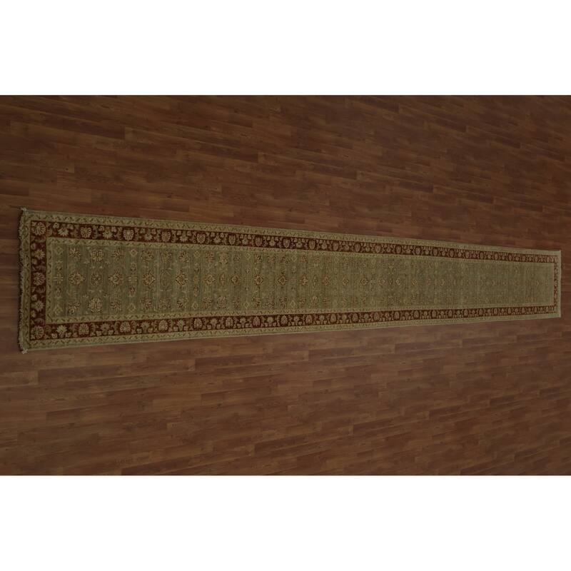 Hand Knotted Oriental 100% Wool Carpet Traditional Floral Green Peshawar Runner Rug - 19' 8'' X 2' 8''