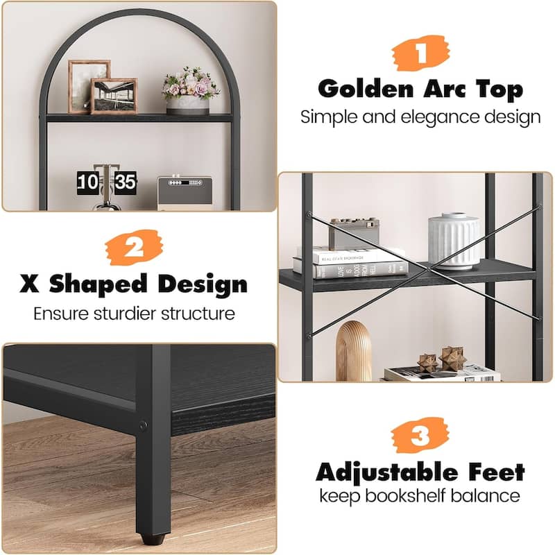 5-Tier Arched Bookshelf, Tall Wood Bookcase with Metal Frame, Modern Storage Rack for Living Room, Bedroom, or Home Office