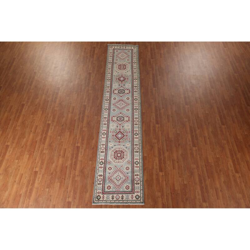 Light Blue Kazak Runner Rug Hand-Knotted Traditional Wool Carpet - 2'8" x 13'4"