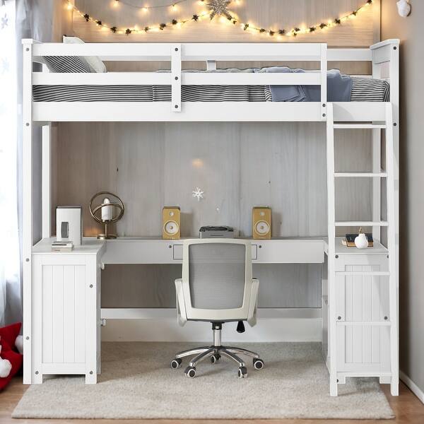 slide 2 of 9, Twin Size Wooden Loft Bed Frame with Desk and Storage Space, White White
