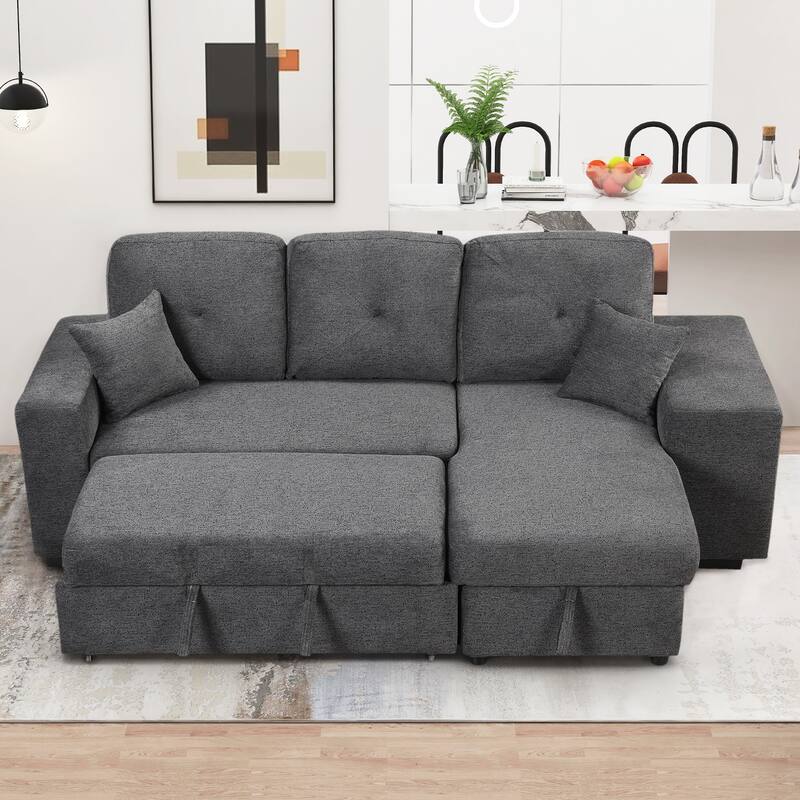 Reversible Sleeper Sectional Sofa Bed with Side Shelf and 2 Stools,Pull-Out L-Shaped Sofa Bed - Gray