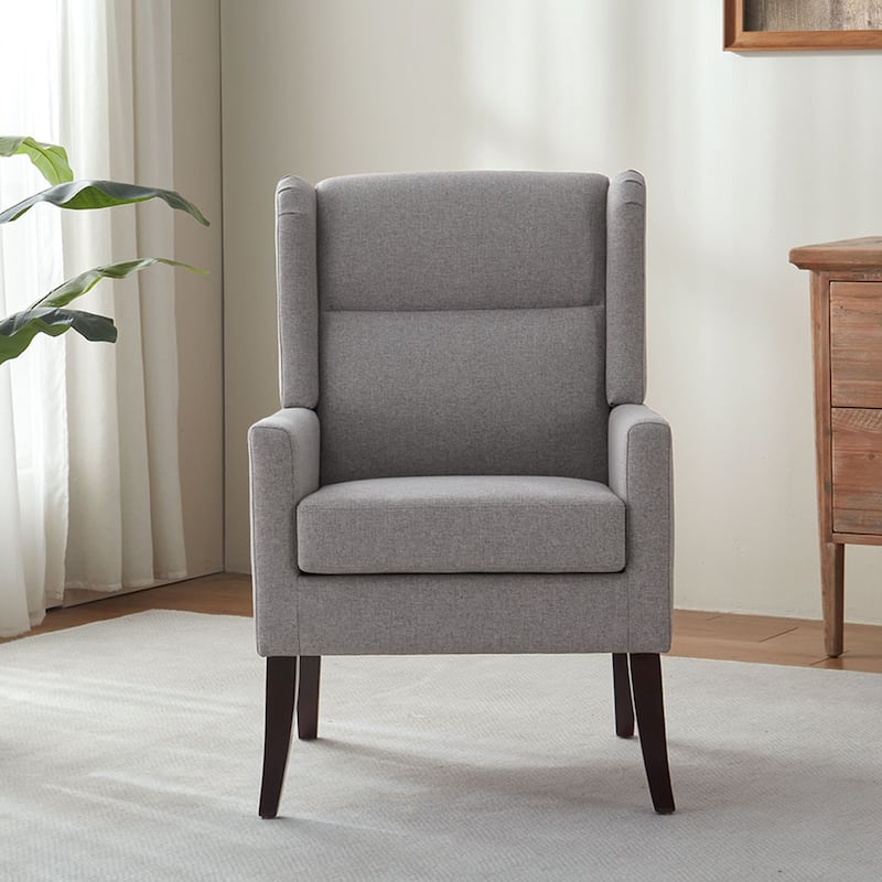 Set of 2 Modern Upholstered Accent Chairs with High Back and Wooden Legs – Grey/Beige/Brown