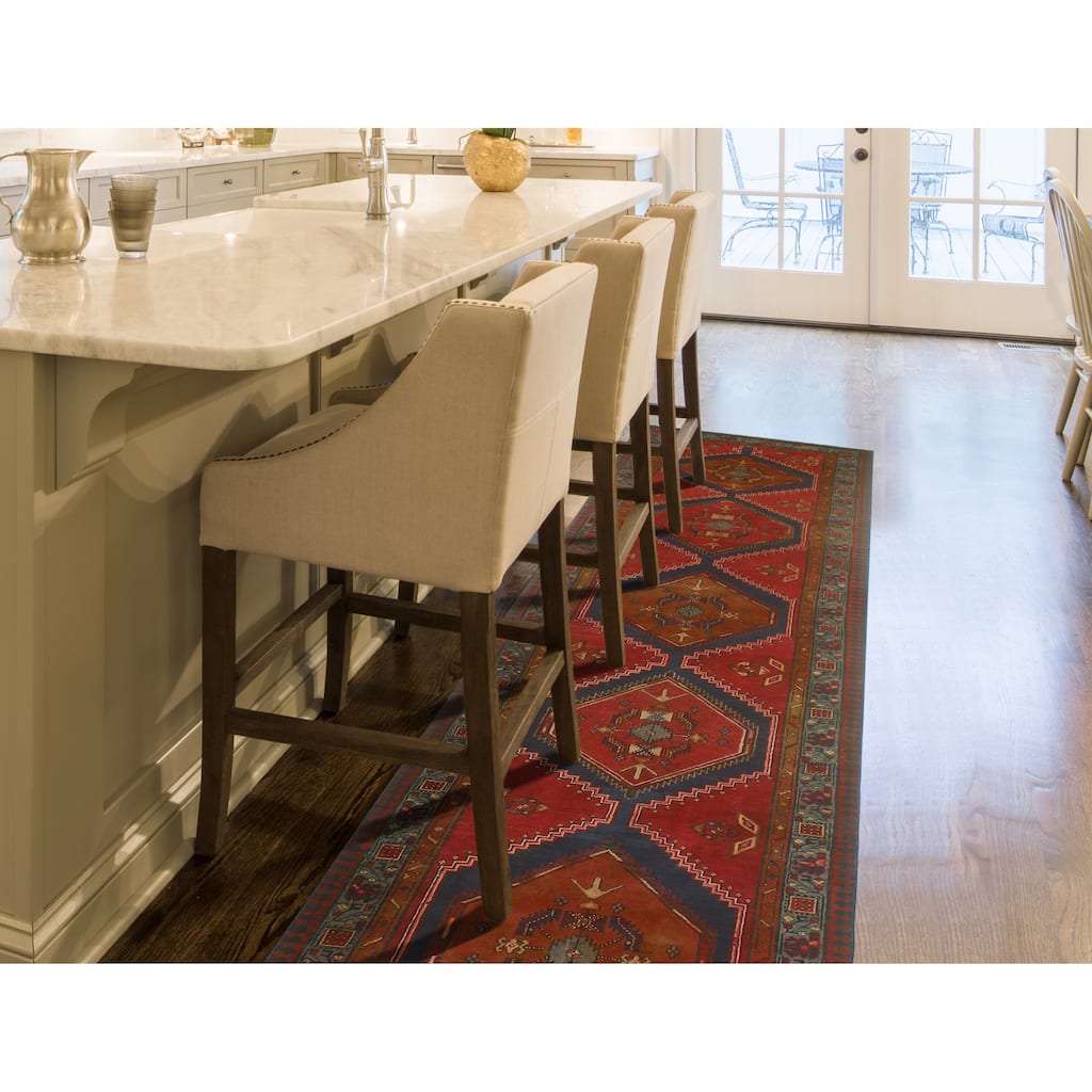 Fine Vintage Distressed Etel Red/Navy Runner - 3'8" x 14'10"