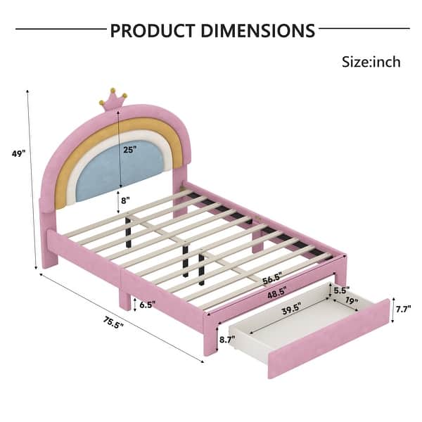 dimension image slide 1 of 2, Full Size Velvet Platform Bed with Colorful Rainbow Headboard and 2 Storage Drawers, Upholstered Princess-Style Frame