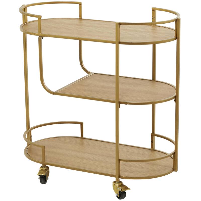 Wood Rolling 3 Shelf Bar Cart with Handles - Gold - Roche River Decor - 15"W x 30"L x 30"H