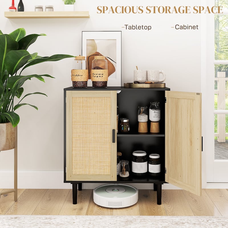 31.5" Double-Tier Rattan Sideboard Cabinet with Magnetic Doors for Living Room Storage - 31.5" W x 15.7" D x 34.6" H