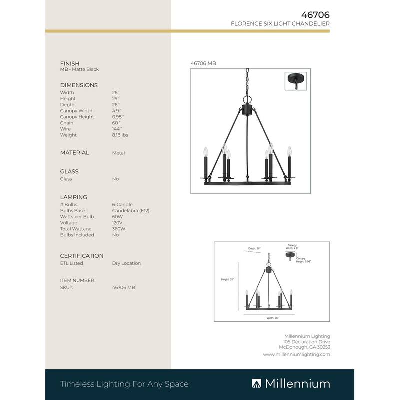 Millennium Lighting Florence 6 Light Chandelier Ceiling Fixture in Matte Black