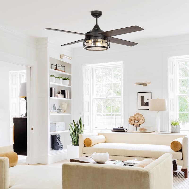Farmhouse 4-Blade Oil Rubbed Bronze Glass Shade Ceiling Fan with Remote and Light Kit - 52-in W x 17.6-in H