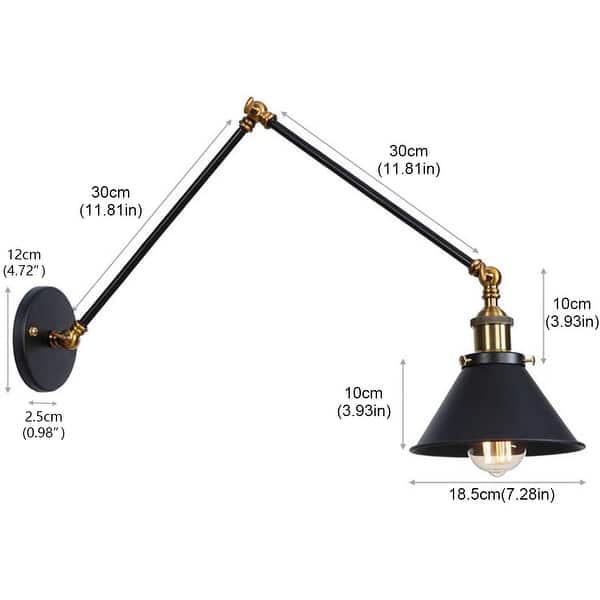 dimension image slide 1 of 2, Industrial 1-Light Metal Cone Swing Arm Wall Lighting Fixture