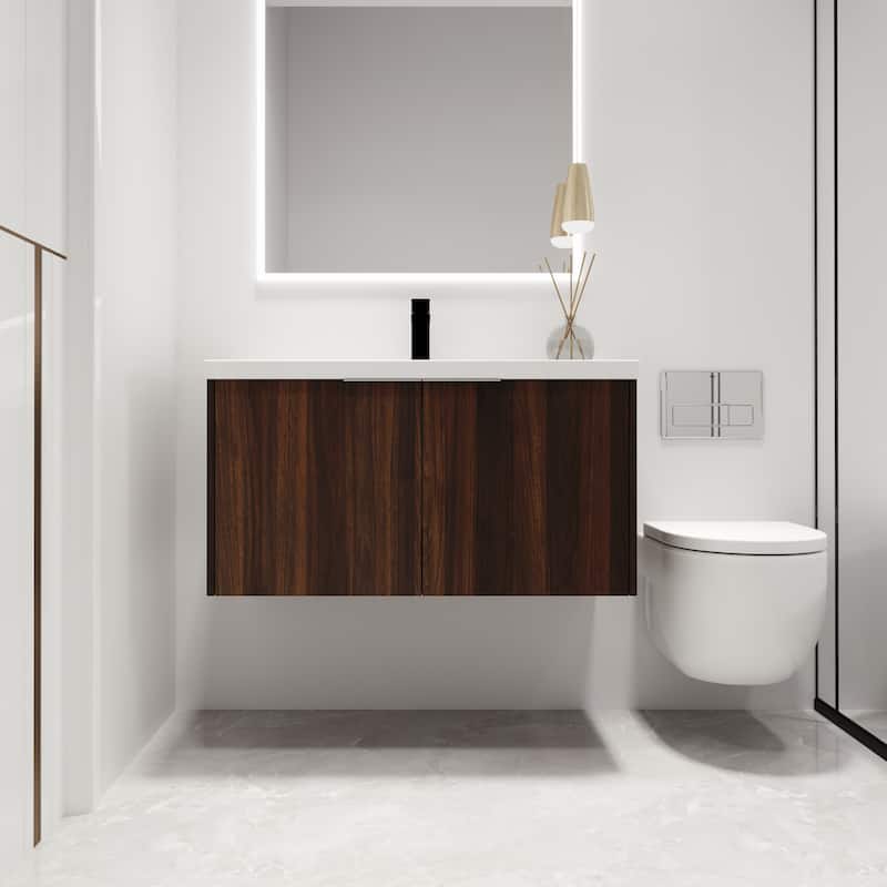 Malwee 24"/30"/36" Floating Bathroom Vanity, Modern Wall Mounted Bathroom Vanity with Resin Top and Soft Close Door - 35.4"×18.1"×19.3" - Dark Brown