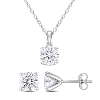 Miadora 3ct DEW Created Moissanite Solitaire Necklace and Stud Earrings Set Sterling Silver
