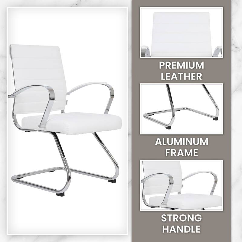 Benmar Modern Leather Office Chair with Stainless Steel Sled Base, Floor Caps, Ergonomic Desk Chair for Home Office or Workspace