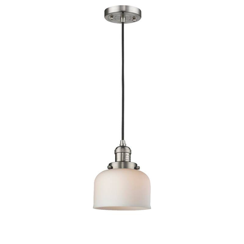 Innovations Lighting Large Bell 8" Wide Mini Pendant - Cord Suspension - Brushed Satin Nickel / Matte White Cased