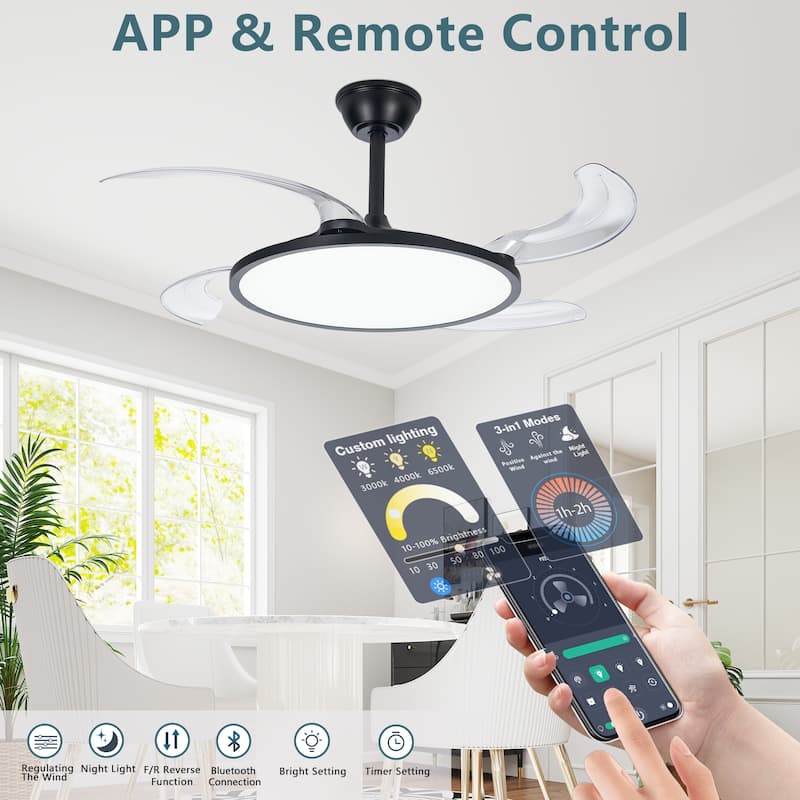 42" White Retractable Ceiling Fan with Light - Remote - Dimmable