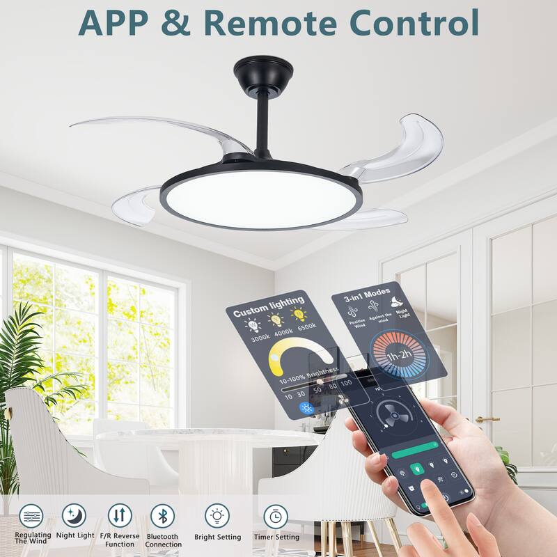 42 Inch Retractable Ceiling Fan with Light, Smart APP/Remote Control Ceiling Fan Light for Bedroom Living Room - Black