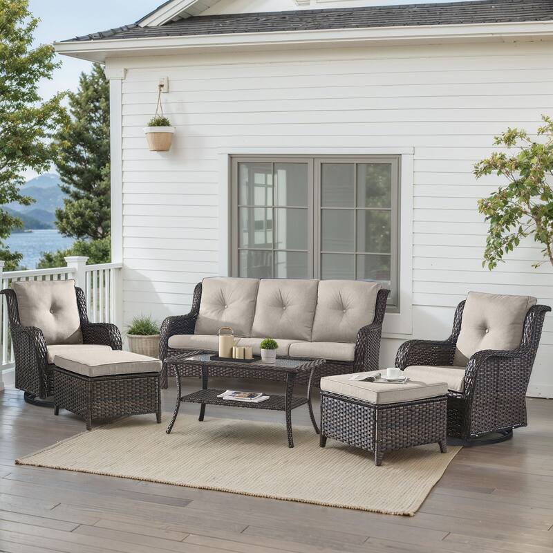 Outdoor Swivel Chairs with Sofa Ottoman Brown-Beige - Brown - Brown - Beige