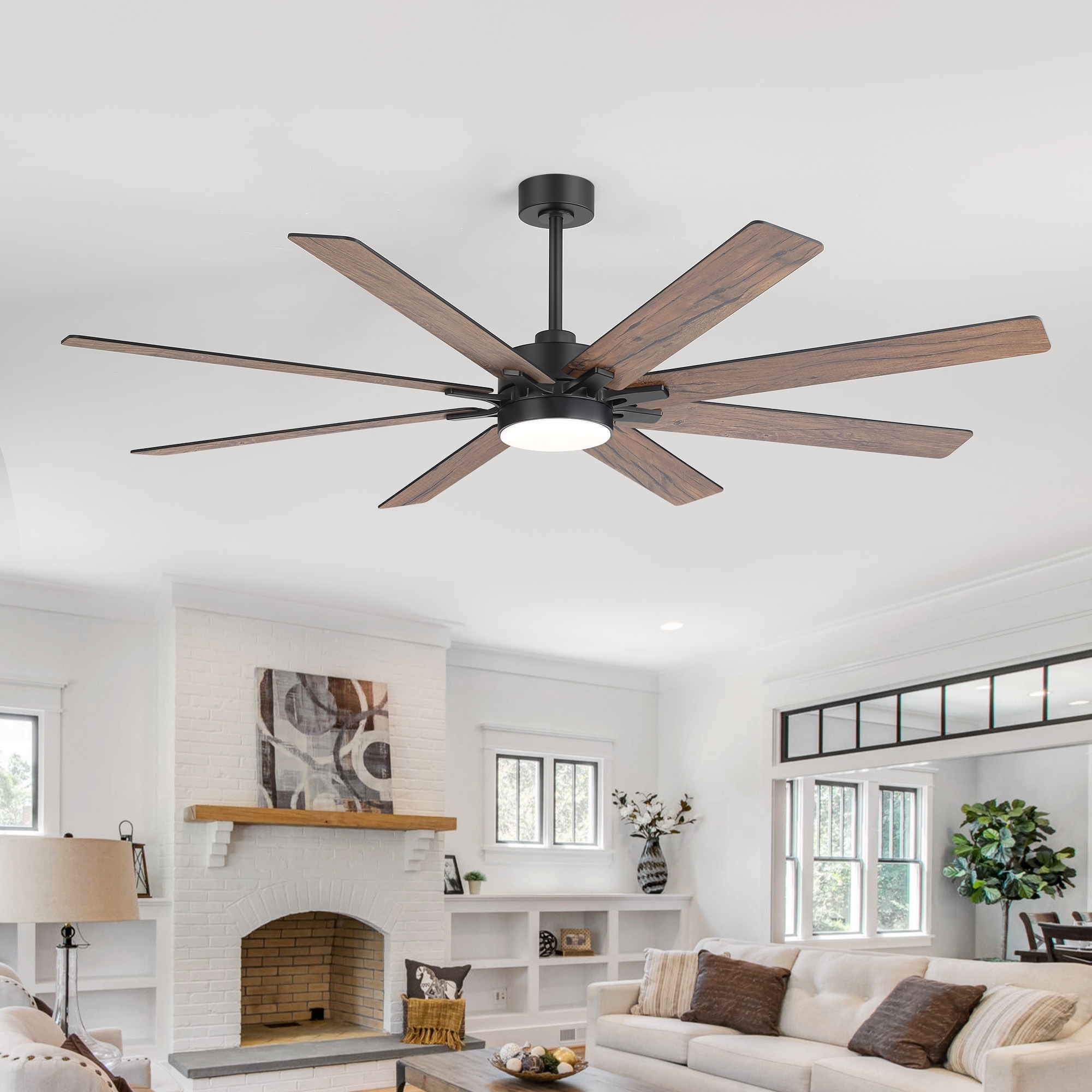 72-Inch Modern Ceiling Fan with LED Light and Remote, DC Reversible Motor, 3CCT LED, 8 Dual-Finish Blades, Black/Wood Grain