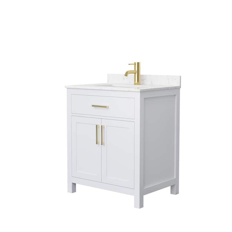 Beckett 30 Inch Single Vanity, Cultured Marble Top - White, Gold Trim, Carrara Cultured Marble Top