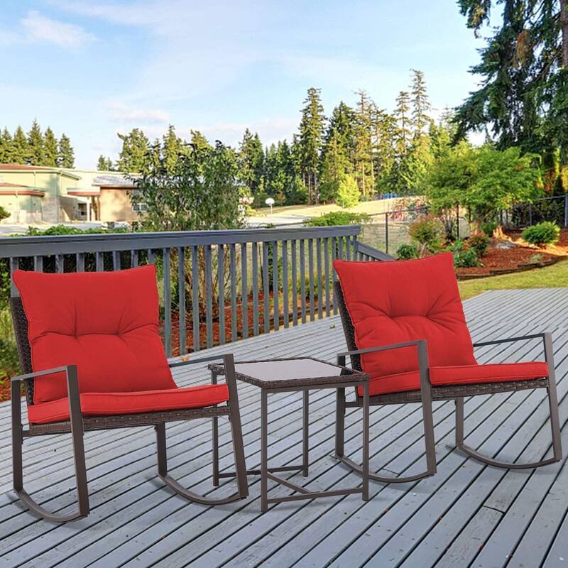 SUNCROWN 3-piece Outdoor Patio Brown/Black Wicker Rocking Chairs Conversation Bistro Set