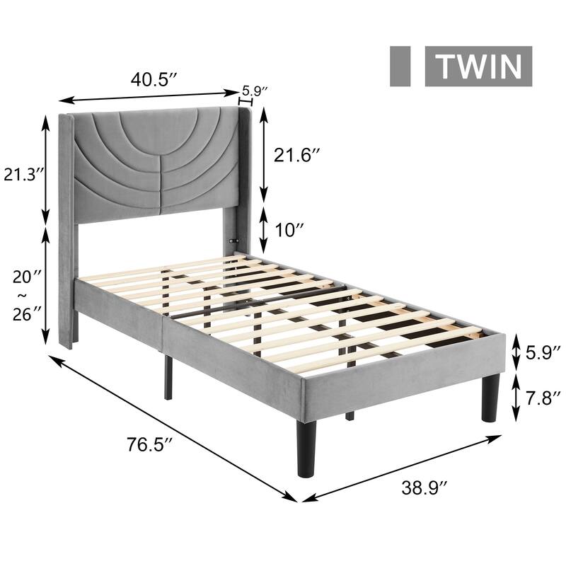 Javlergo Adjustable Dark Grey Platform Bed Frame with Modern Wingback Headboard No Box Spring Needed Heavy Duty Bed Frame