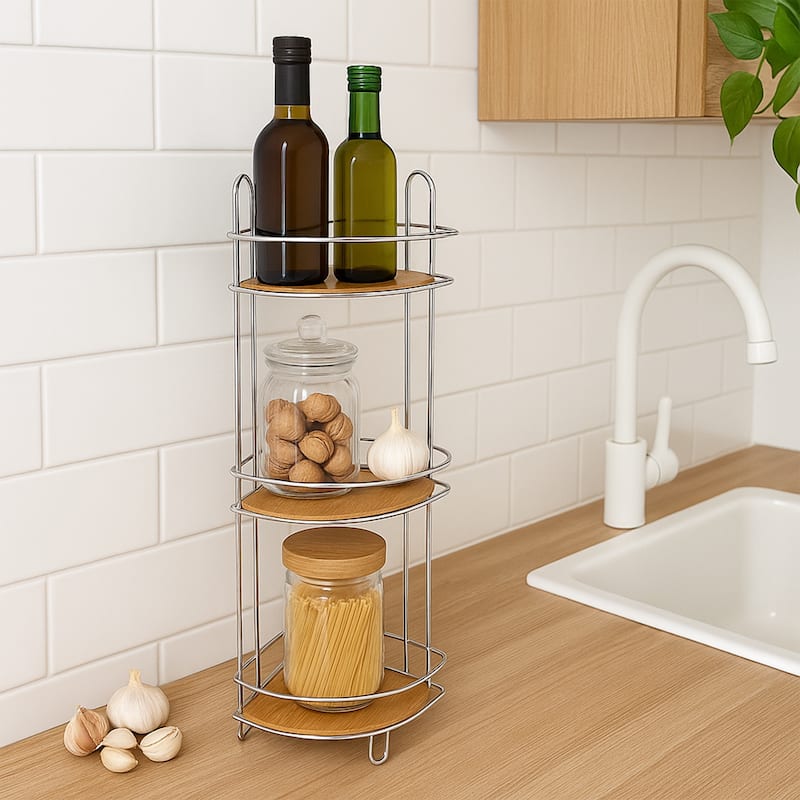 Corner Bathroom Organizer Storage Tower 3 or 2 Shelves Bamboo Black Metal - 3 Shelves - Chrome / Bamboo