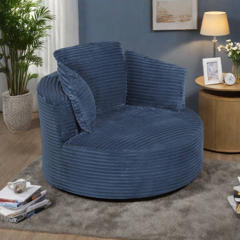 Corduroy Round Accent Chair with Pocket Spring Cushion and No-Swivel Design - Blue