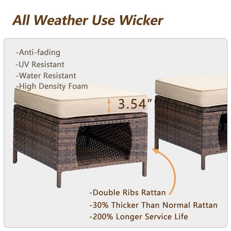 2 Pieces Outdoor Patio Furniture Rattan Storage Ottoman with Cushion
