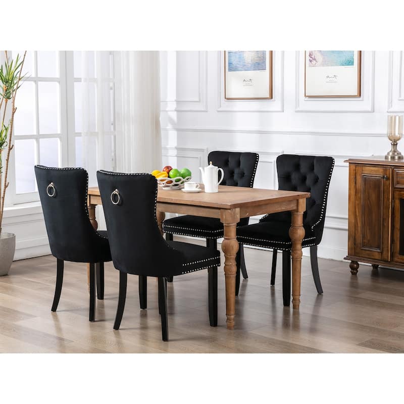 High-end Tufted Solid Wood Flax Upholstered Linen Dining Chair with Wood Legs Nailhead Trim 2-Pcs Set,Black Linen