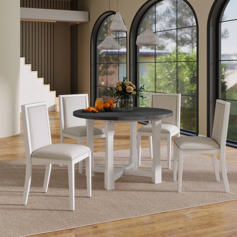 5-Piece Farmhouse Round Dining Set with Removable Leaf and Padded Chairs