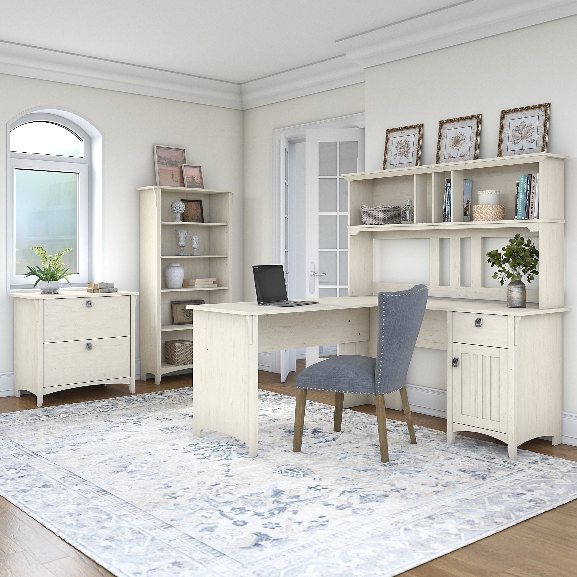Bush Furniture Salinas 60W L Shaped Desk Office Suite in Antique