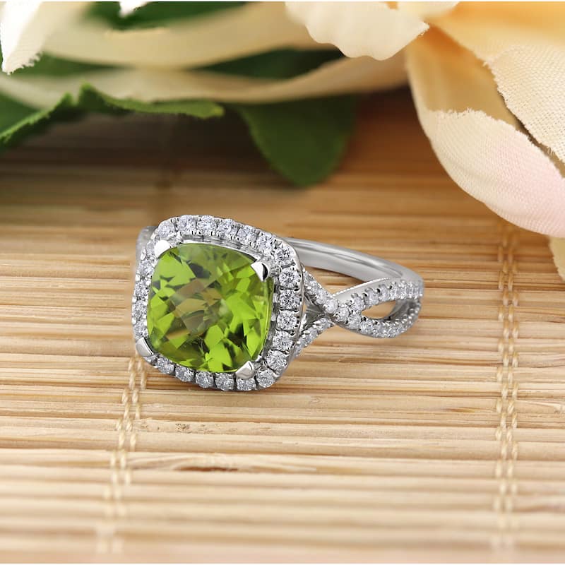 Auriya 3 1/8ct Cushion-cut Peridot and Halo Diamond Engagement Ring 1/2cttw 14k Gold