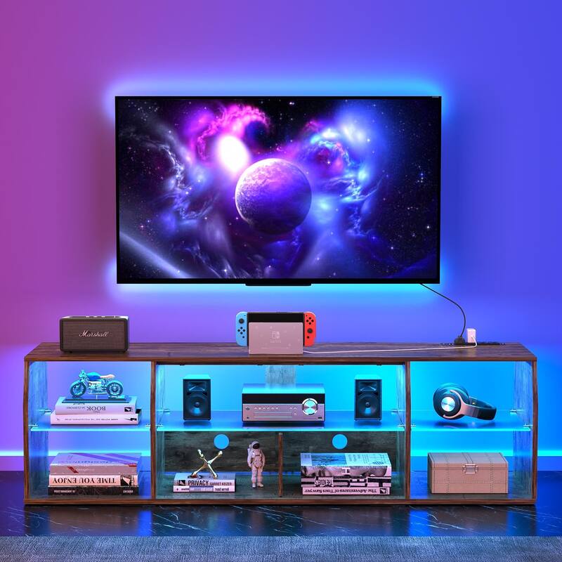 VECELO TV Stand with LED Light, Industrial Entertainment Center with 7 Open Storage