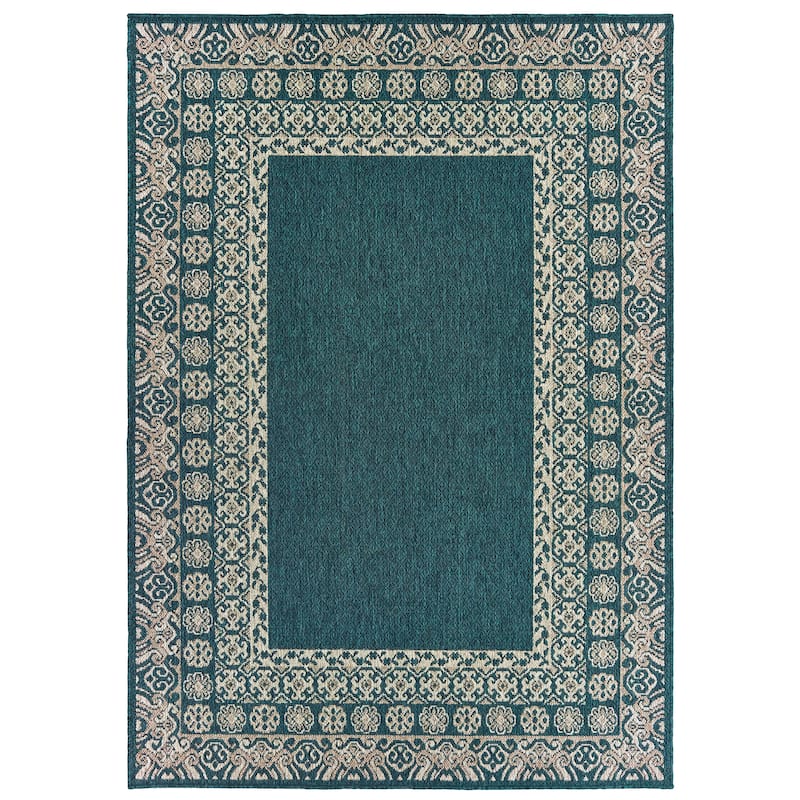 Vista Home Higgins Bordered Deep Blue-Green Grey Indoor/ Outdoor Rug - 6'7" x 9'2" - Blue/Grey