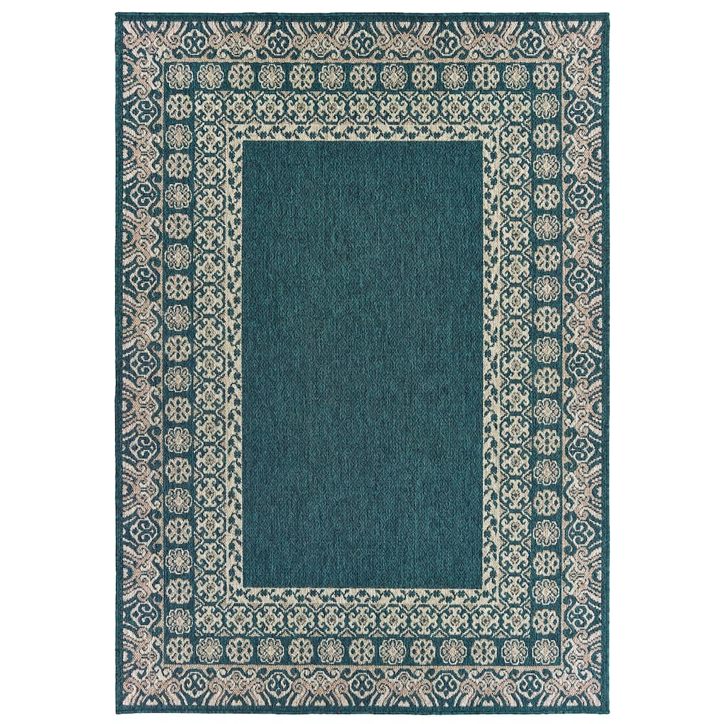 Vista Home Higgins Bordered Deep Blue-Green Grey Indoor/ Outdoor Rug