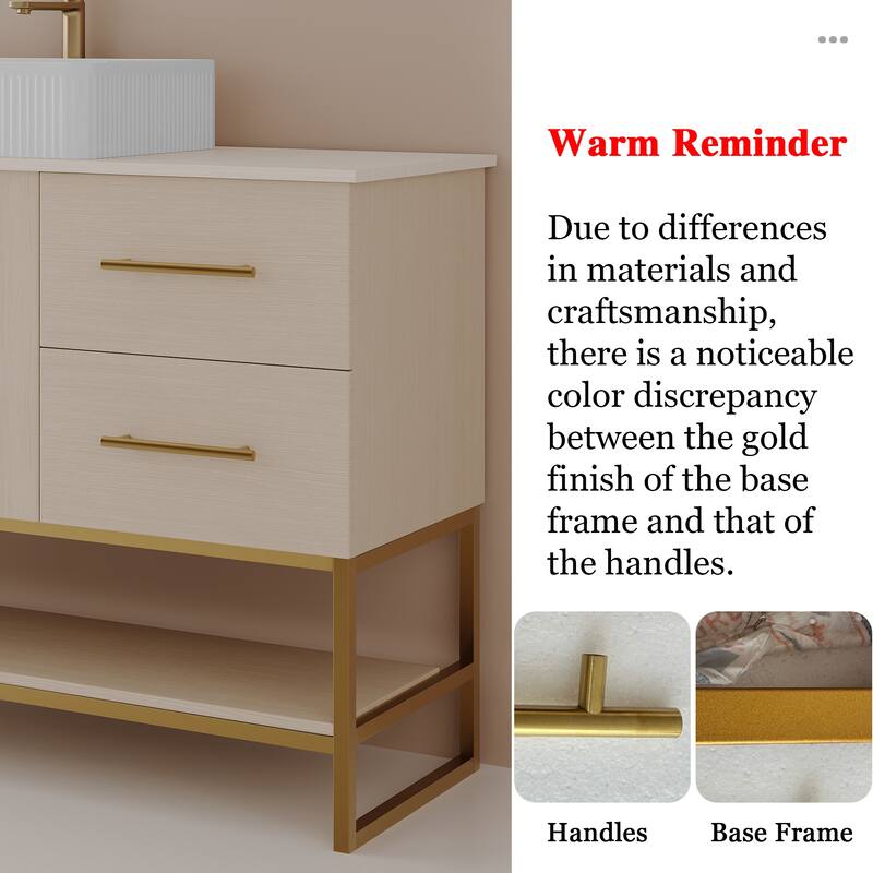 GDFStudio - Modern 47.2" Freestanding Wood Bathroom Vanity with Ceramic Vessel Sink, Gold Accent & Soft-Close Drawers