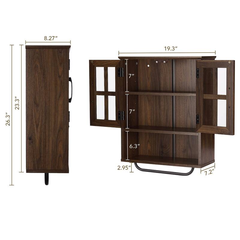 Wood Wall Storage Cabinet with Cross Glass Doors - 8.27"D x 19.3"W x 26.3"H