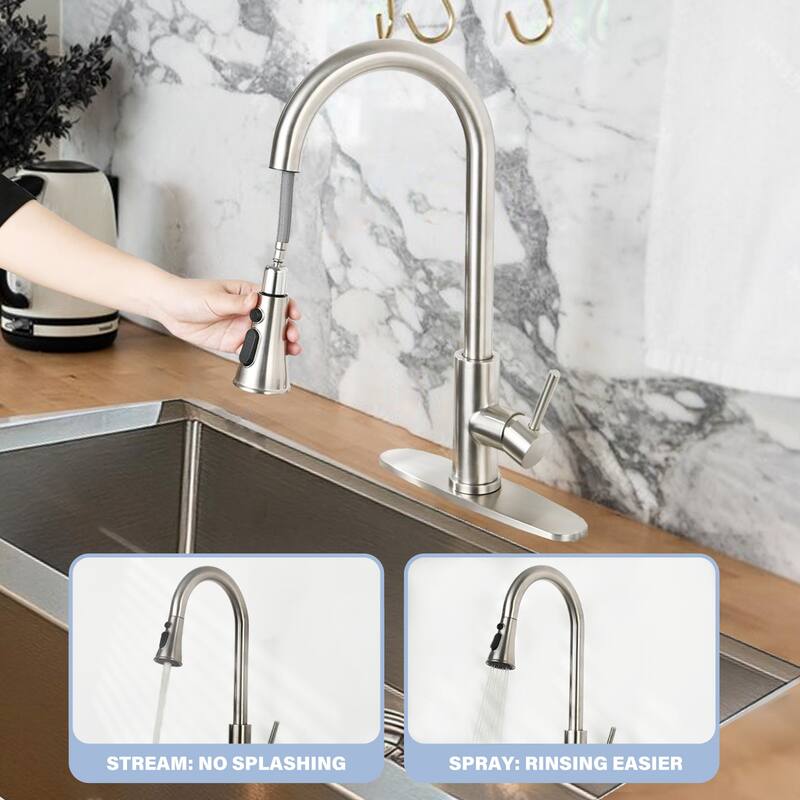 Single Handle Control Pull-Down Kitchen Faucet - Single Hole Deck Mount with Stainless Steel Sprayer