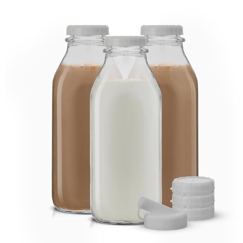 JoyJolt Reusable Glass Milk Bottle with Lid & Pourer - Set of 3