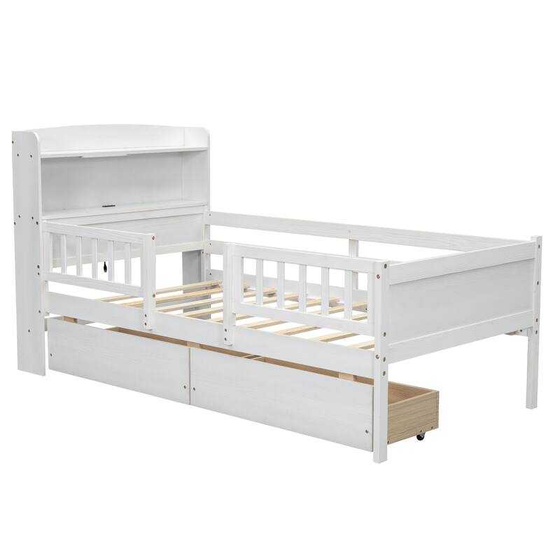 Twin Size LED Platform Bed with Storage Headboard, USB Ports & Guardrails