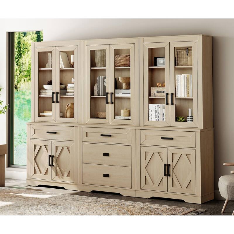 3-Column 73.3" Tall Bookshelf Set with Open Storage and Glass Doors